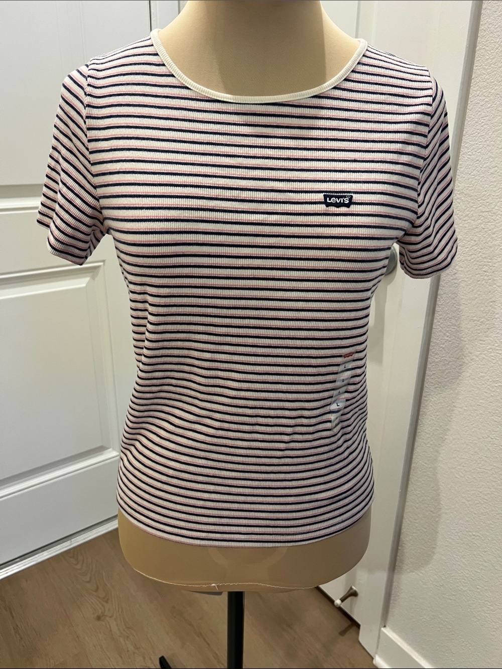 Levi's Women's Pink & Black Striped Short Sleeve Ribbed Tee